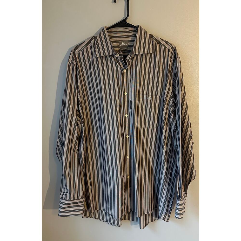 Lacoste Men's Size 44 Grey Pink Striped Alligator Logo Dress Shirt